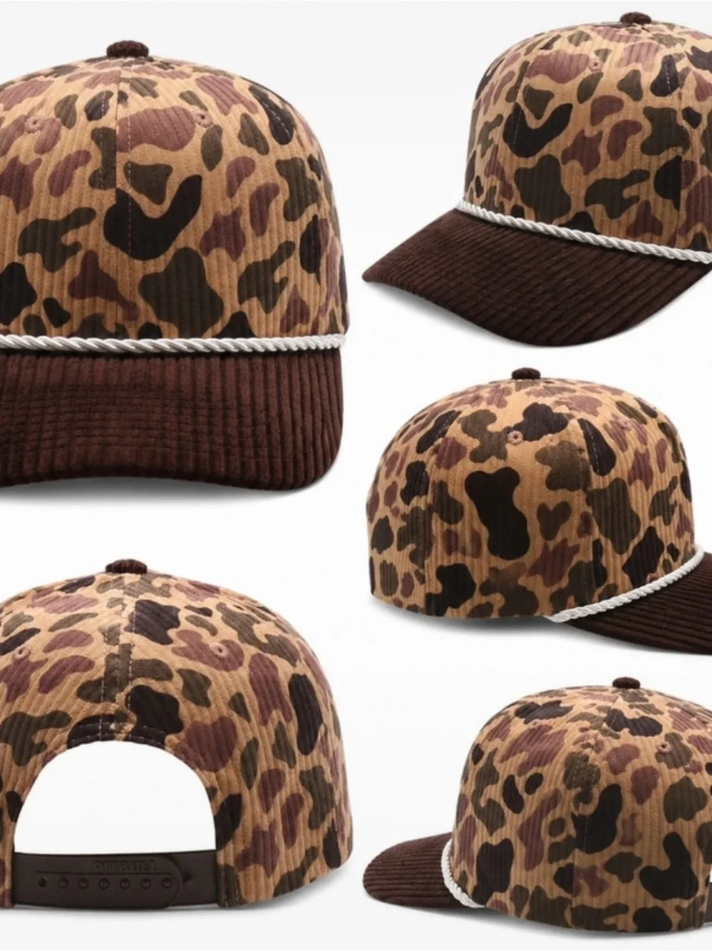 Leopard Print Corduroy Rope-Trim Cap - Brown
